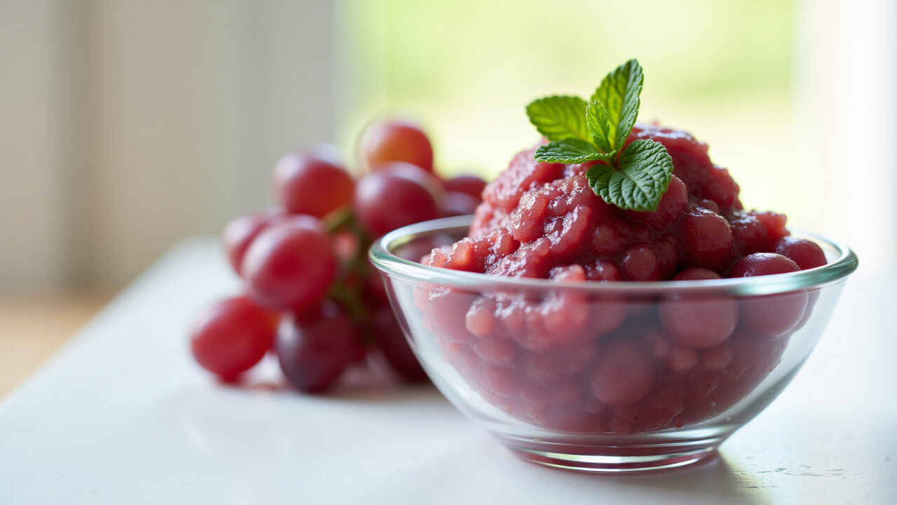 Homemade grape sorbet, glass bowl, fresh grapes, mint leaves, bright background, natural light, 8K Sorvete caseiro de uva em tigela de vidro com hortelã.