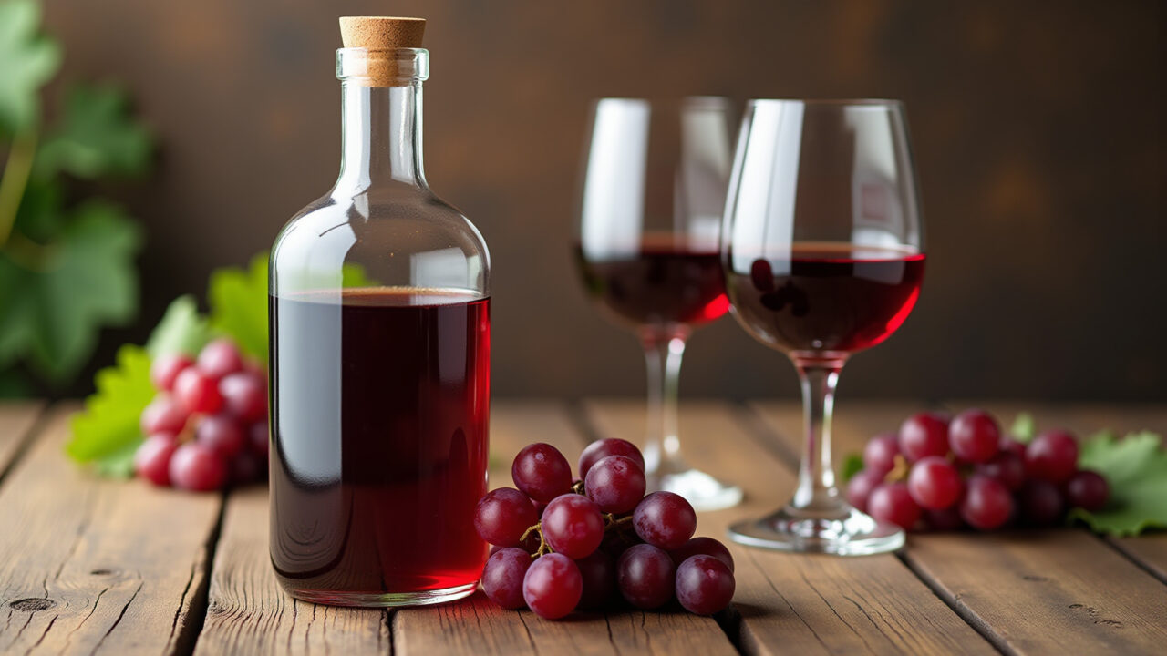 Homemade grape wine, glass bottle, wine glasses, grapes, rustic table, natural light, 8K quality, Vinho de uva caseiro em garrafa de vidro com taças.