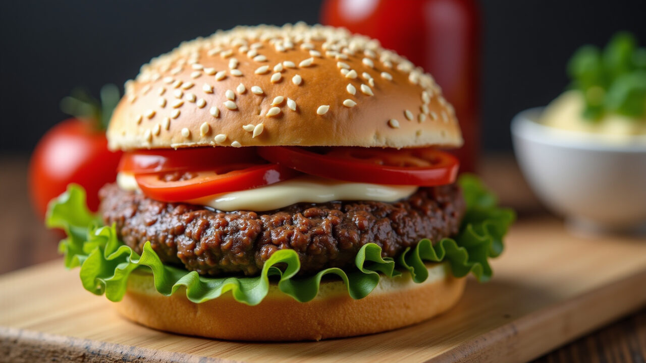 Homemade ground beef burger, sesame bun, fresh toppings, gourmet burger, brazilian style, 8k, Hambúrguer caseiro de carne moída.