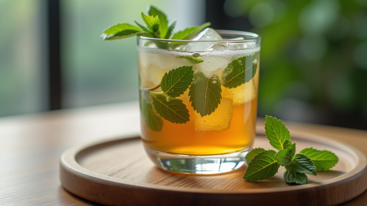 Homemade iced mint tea, glass with mint leaves, wooden table, refreshing, natural light, Chá gelado de hortelã caseiro.
