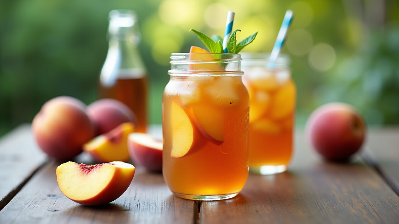 Homemade iced peach tea, glass with peach slices, rustic table, bright natural light, summer vibes, Chá gelado de pêssego caseiro.