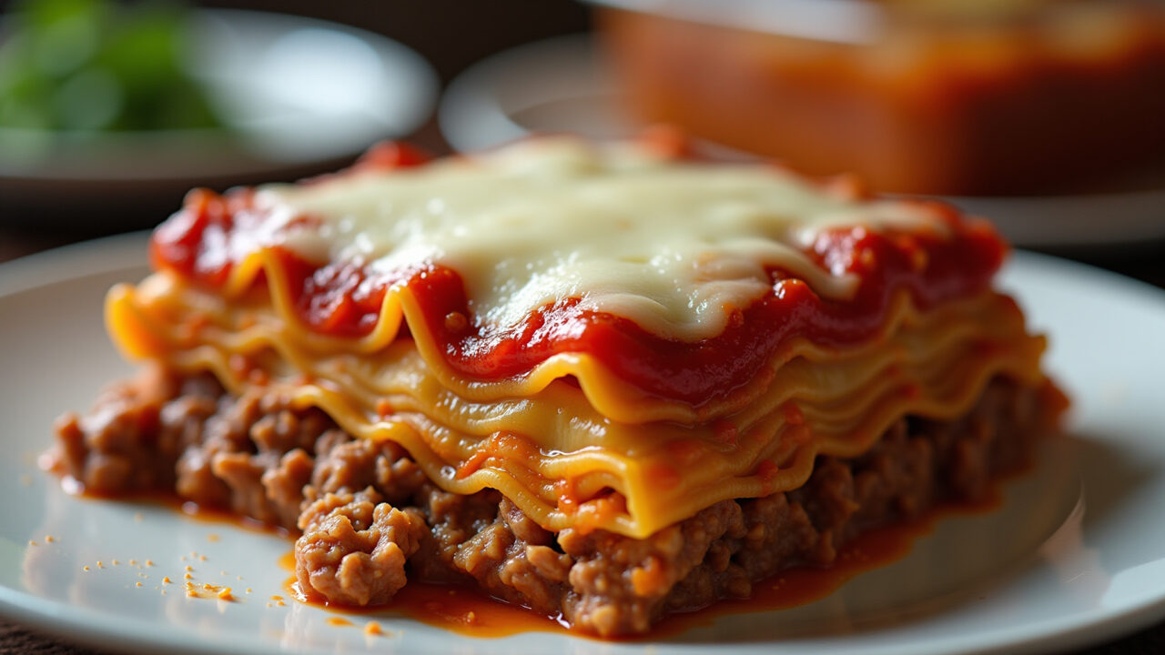 Homemade lasagna with ground beef, layers of pasta, tomato sauce, mozzarella cheese, family dinner, Lasanha de carne moída caseira.