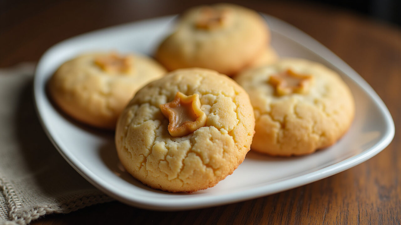 Homemade maizena cookies on a plate, close-up, melting in your mouth texture, rustic setting, 8K Biscoito de Maizena que derrete na boca.