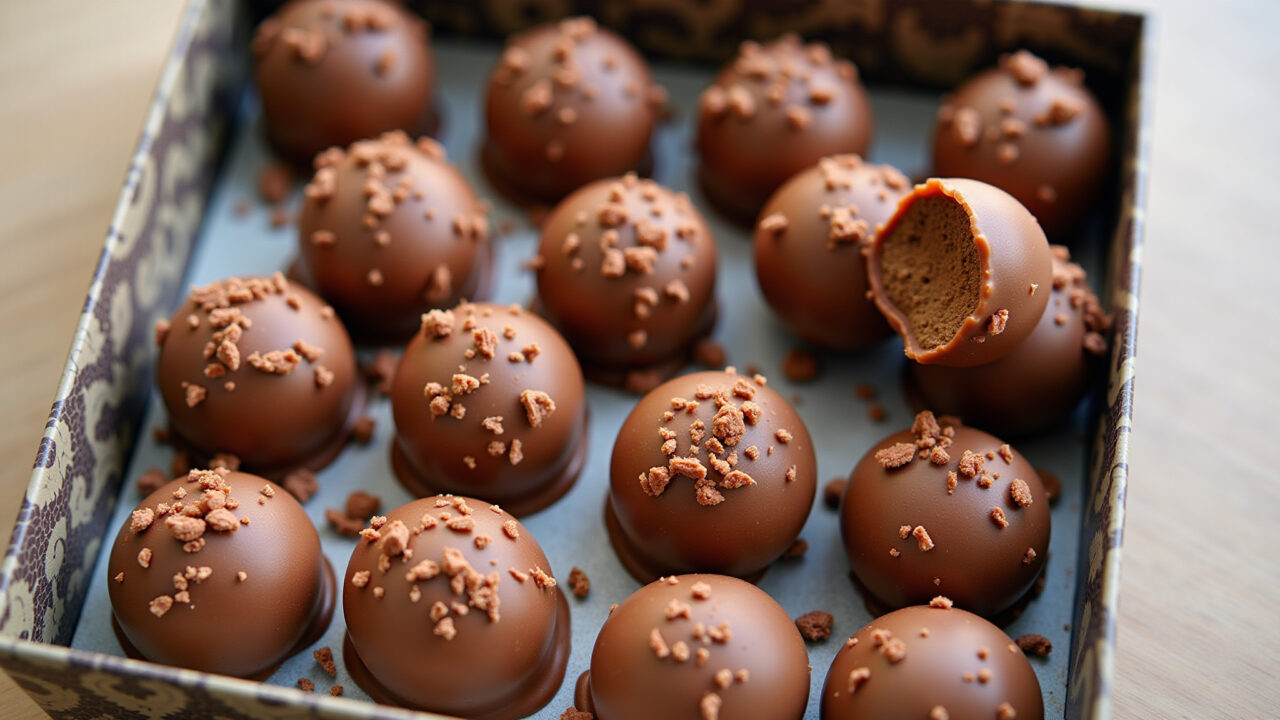 Homemade Nutella bonbons arranged in a decorative box, ready for sale. Professional photography, 8K Bombons de Nutella caseiros para vender.