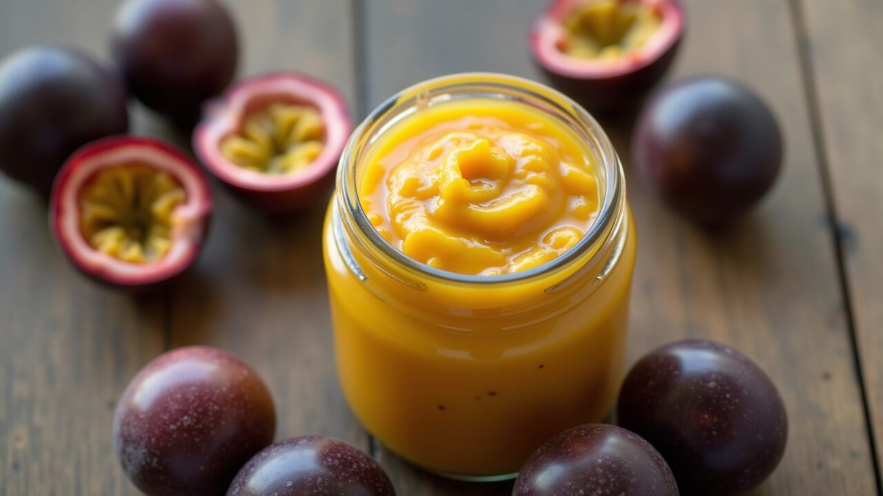Homemade passion fruit filling in a glass bowl, fresh passion fruits around, rustic wooden table, Recheio de maracujá caseiro em tigela.