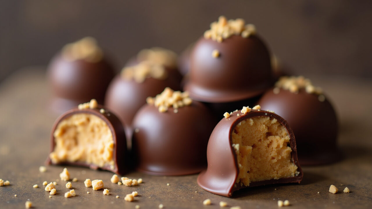 Homemade peanut butter bonbons, chocolate coating, professional photography, 8K quality, sharp Bombons caseiros de pasta de amendoim com cobertura de chocolate.