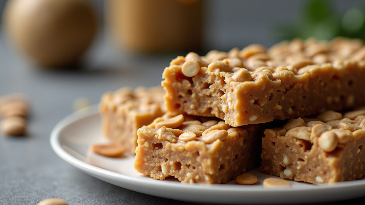Homemade peanut butter granola bars, healthy snack, professional photography, 8K quality, sharp Barrinhas de cereal caseiras com pasta de amendoim e frutas secas.
