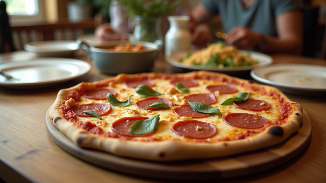 Homemade pizza on a wooden table, various toppings, warm light, family dinner setting, commercial Massa de pizza caseira fácil com farinha de trigo.