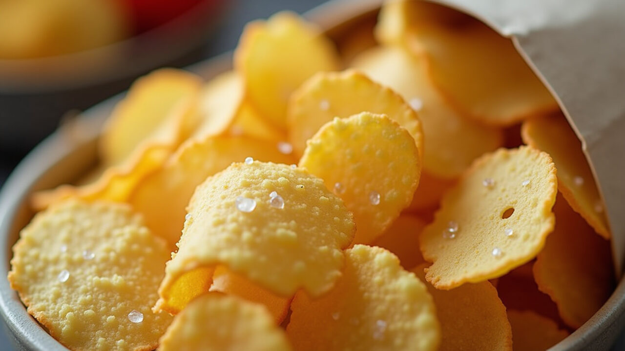 Homemade potato chips, crispy, golden, sea salt, close-up, snack, 8K quality, commercial Chips de batata caseiros, crocantes e saborosos, perfeitos para petiscar.