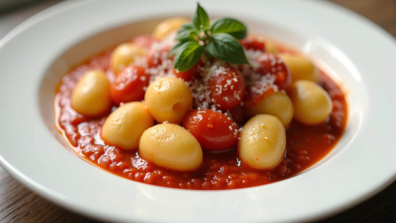 Homemade potato gnocchi, light and fluffy, tomato sauce, Italian cuisine, elegant plating, 8K Nhoque de batata caseiro, leve e saboroso, servido com molho de tomate.