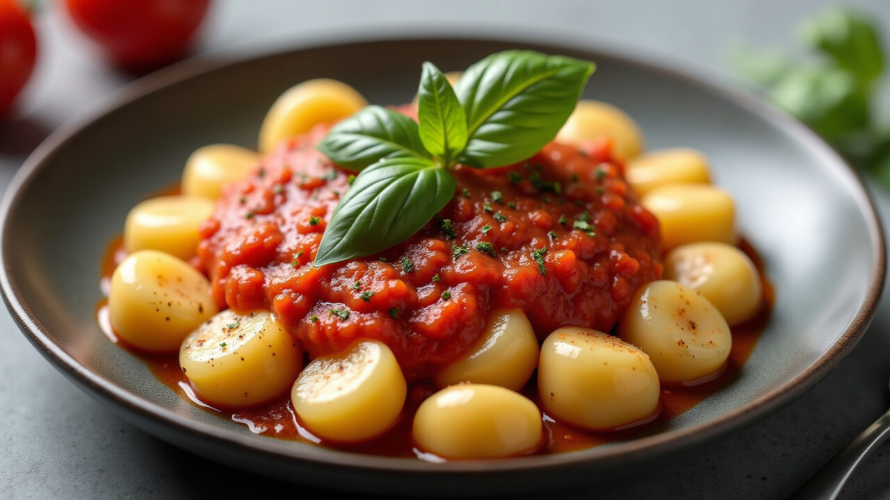 Homemade potato gnocchi, served with tomato sauce and basil, professional photography, 8K quality, Nhoque de batata caseiro, massa leve e deliciosa.