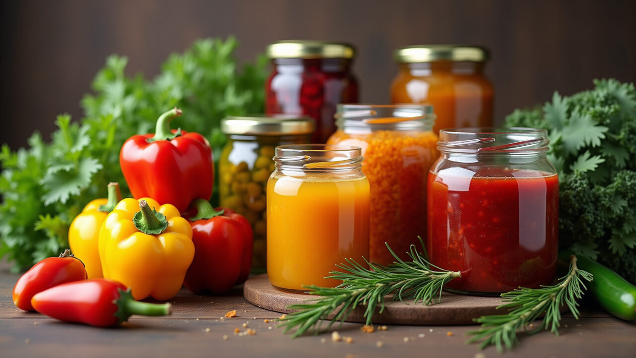Homemade preserves in glass jars, colorful vegetables, herbs, 8K, professional photography, sharp Conservas caseiras em potes de vidro na despensa.