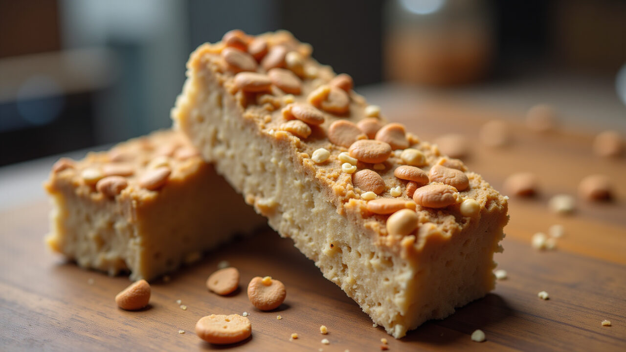 Homemade protein bar with whey, healthy snack, commercial photography, 8K quality, sharp focus, Barrinha de proteína caseira com whey protein.