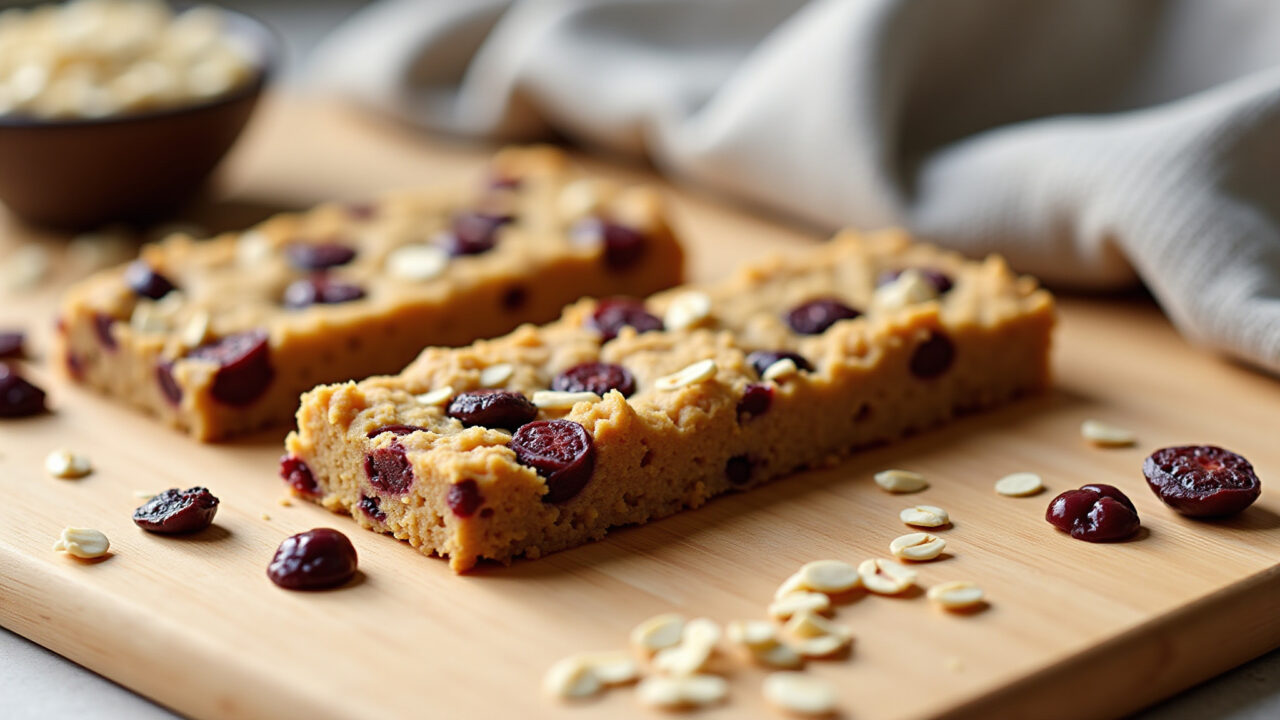 Homemade protein bars with whey protein cookies, oats, and dried fruits on a wooden cutting board, Barrinha de proteína caseira com whey