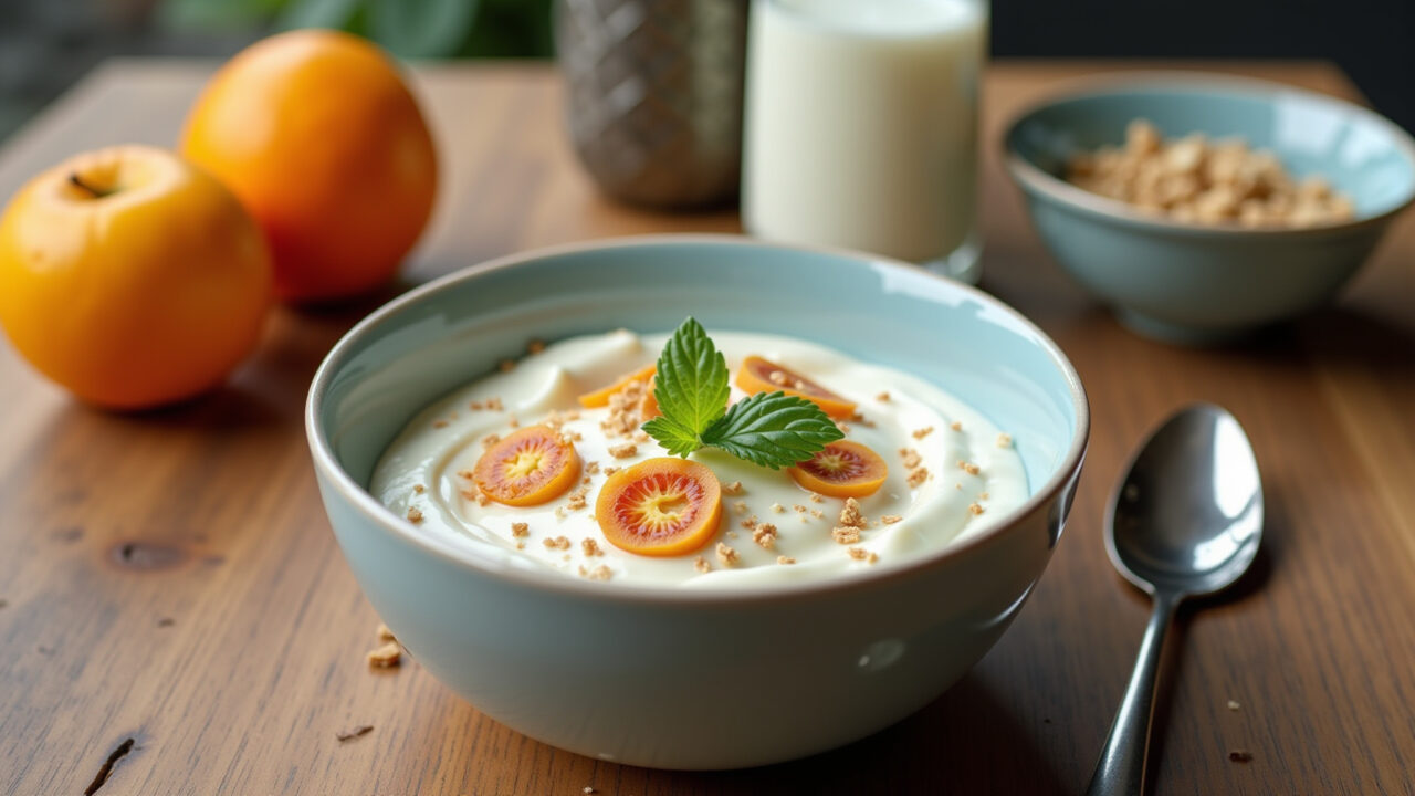 Homemade protein yogurt with whey, healthy breakfast, commercial photography, 8K quality, sharp Iogurte proteico caseiro com whey protein.