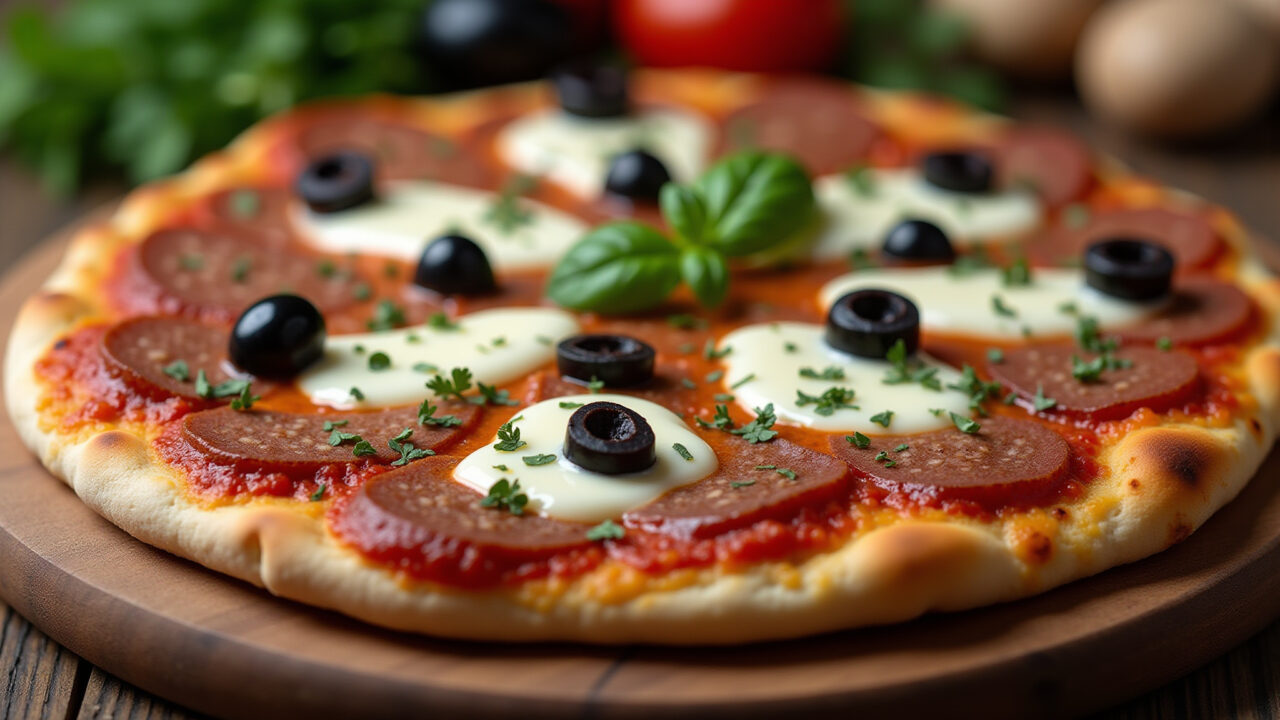 Homemade sausage pizza with mozzarella, olives, oregano, on a wooden board, 8K quality, sharp Pizza de salsicha caseira.