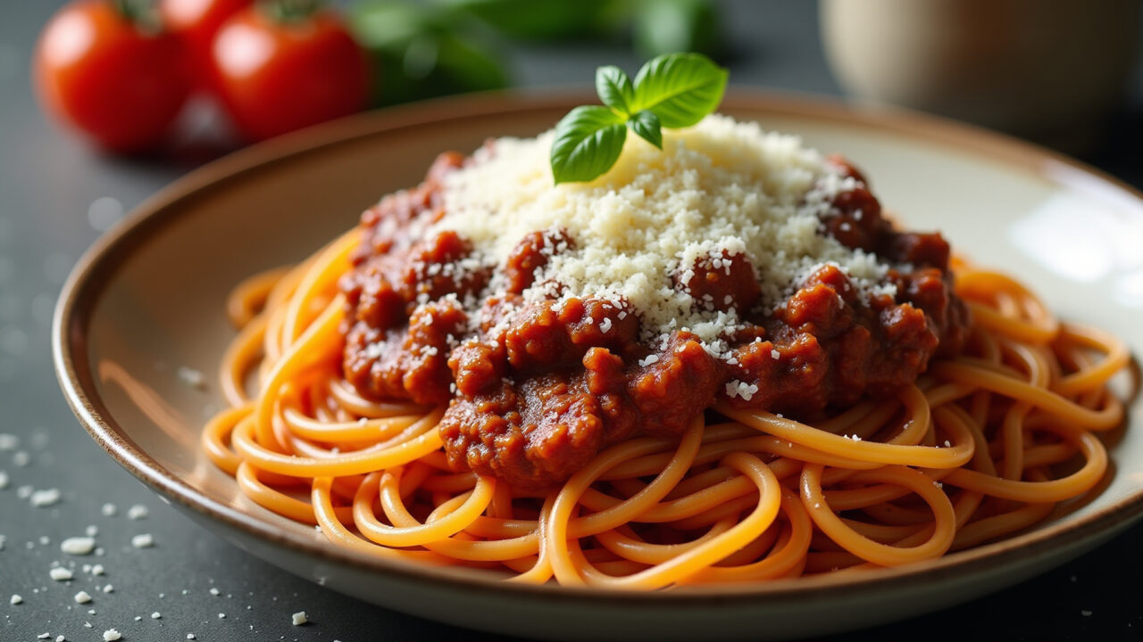 Homemade spaghetti bolognese, meat sauce, parmesan cheese, professional photography, 8K quality, Macarrão à bolonhesa caseiro.