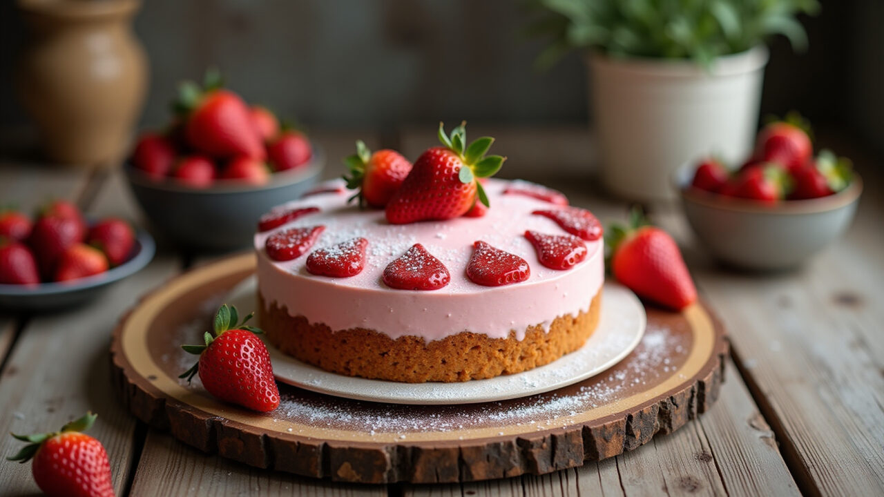 Homemade strawberry cake on a rustic wooden table, natural lighting, Farm Rio style kitchen, 8K Bolo de morango caseiro, receita simples e deliciosa.