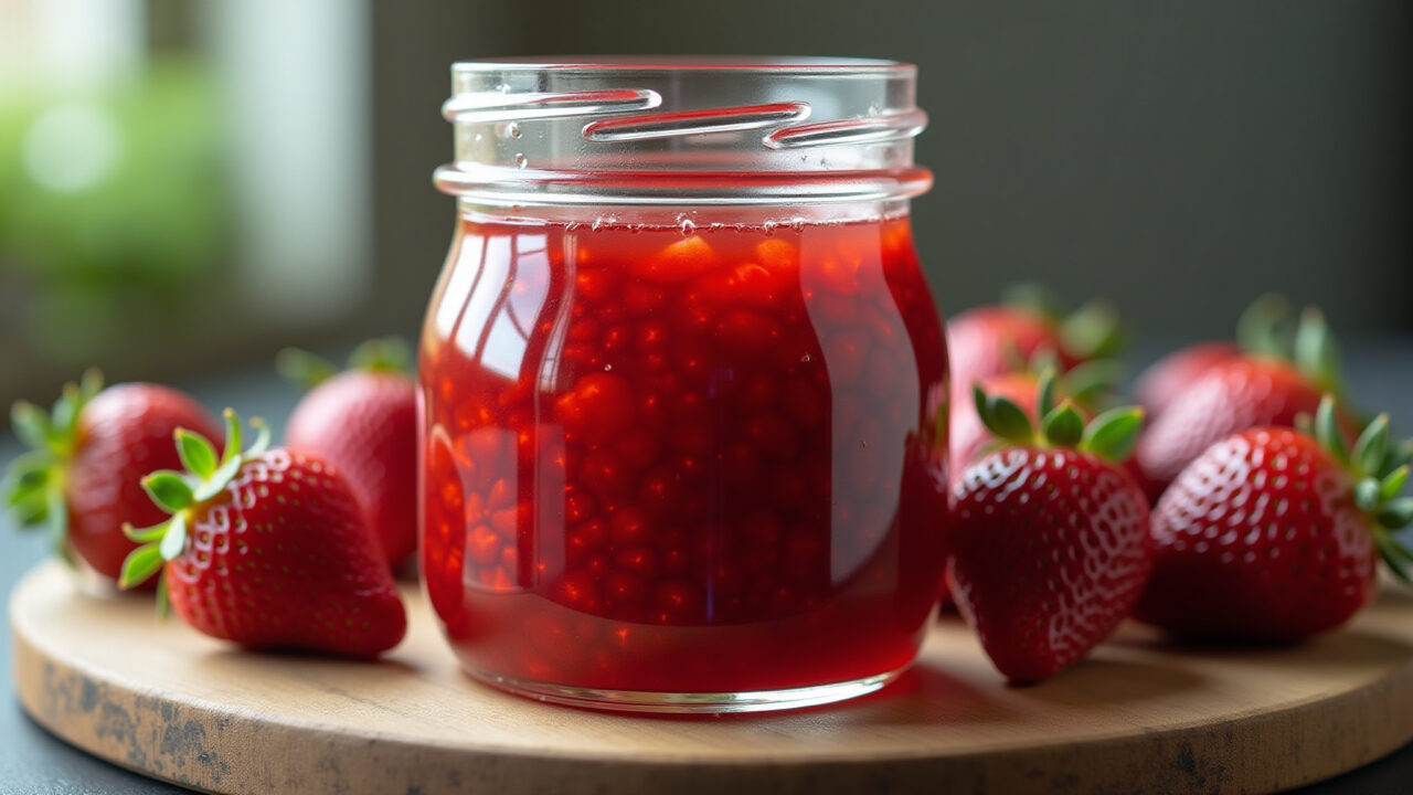 Homemade strawberry jam in a glass jar, rustic kitchen setting, natural light, 8K quality, sharp Geleia caseira de morango com pouco açúcar.