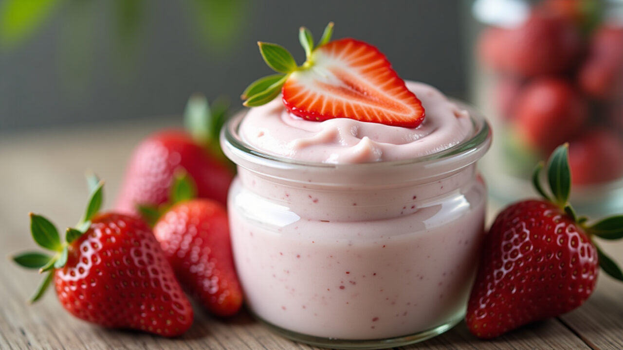 Homemade strawberry yogurt in a glass jar, healthy snack, natural lighting, 8K quality, sharp Iogurte caseiro de morango natural e saudável.