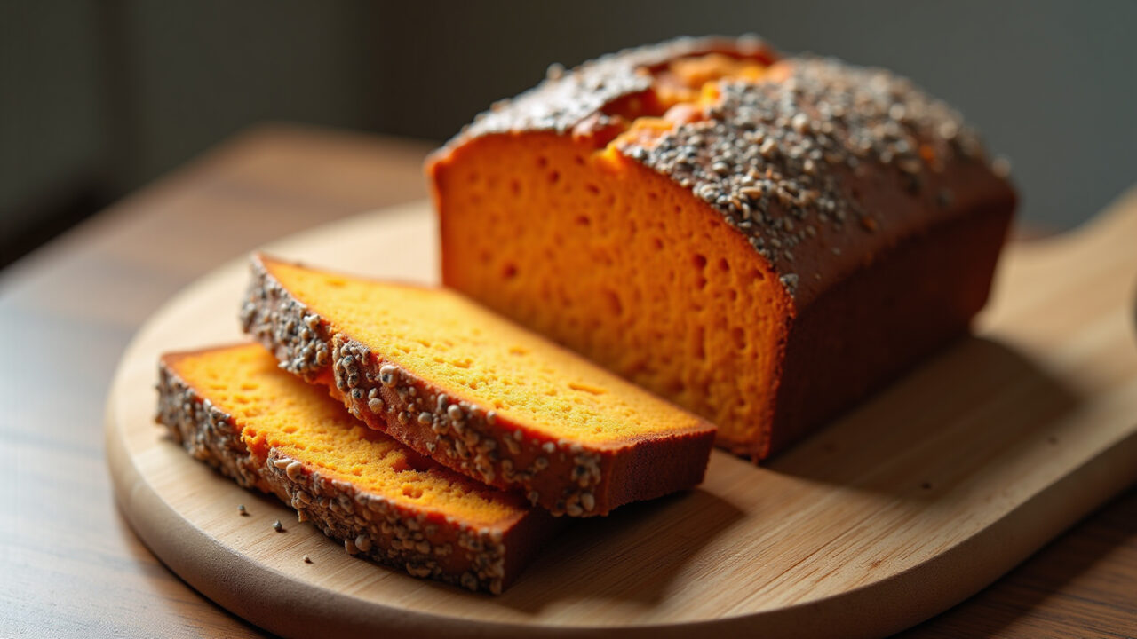 Homemade sweet potato bread, rustic loaf, chia seeds, natural light, 8K quality, sharp focus, Pão caseiro de batata doce com chia.