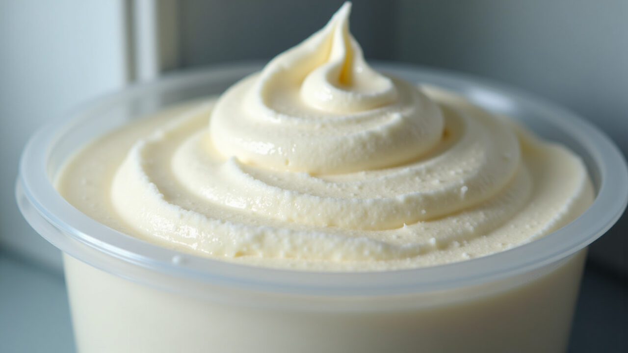 Homemade whipped cream stored in an airtight container in the refrigerator. Natural lighting, sharp Chantilly caseiro armazenado na geladeira