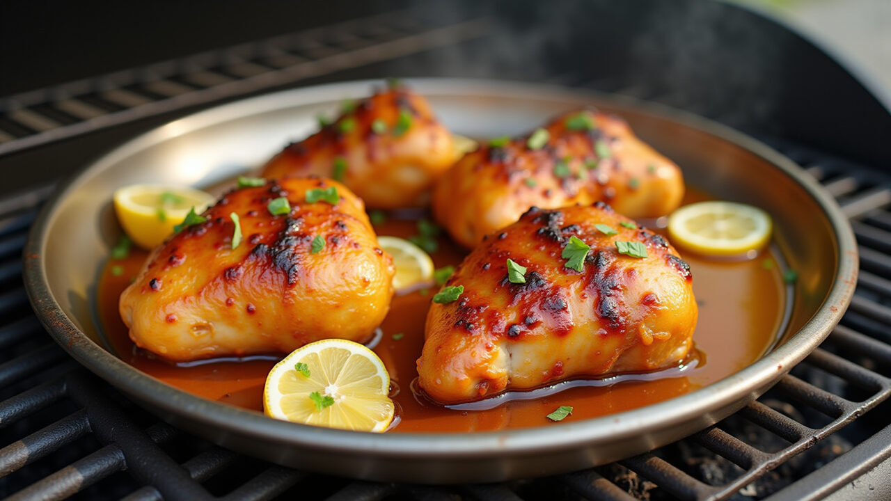 Honey-glazed chicken with lemon, vibrant colors, Brazilian spices, outdoor grill, 8k, professional Frango agridoce com mel e limão.