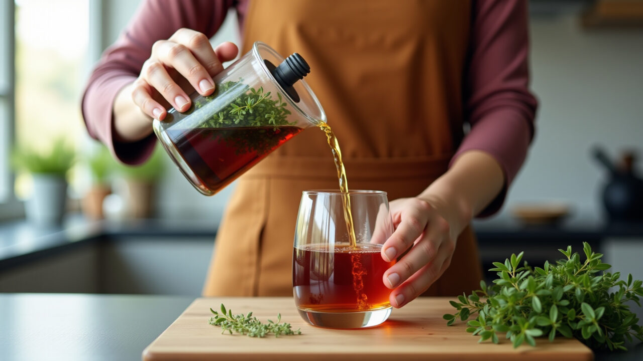 Horsetail and hibiscus tea preparation, woman pouring tea into a glass, kitchen setting, natural Preparo do chá de cavalinha com hibisco.