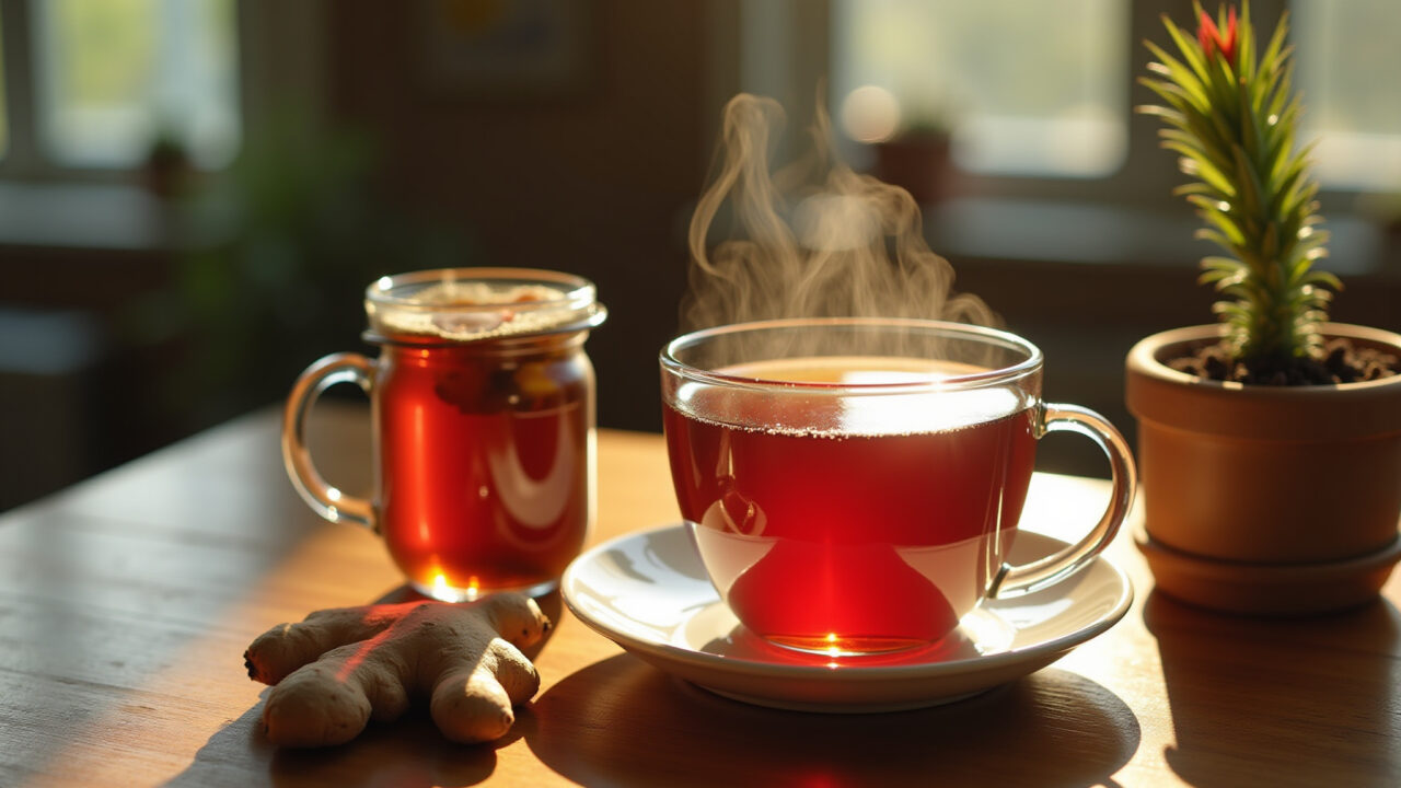 Horsetail and hibiscus tea with ginger, steaming cup, cozy setting, natural light, 8K quality, Chá de cavalinha com hibisco e gengibre.