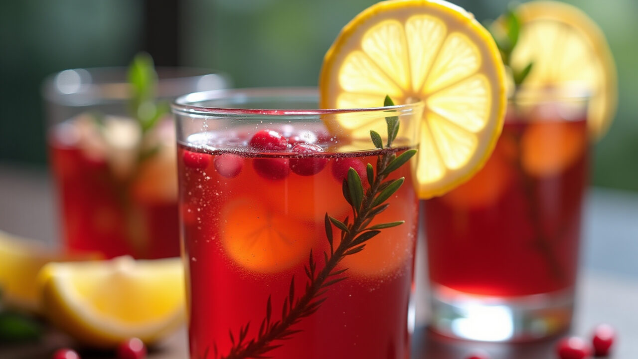Horsetail and hibiscus tea with lemon, close-up, vibrant colors, detox drink, natural light, 8K Chá de cavalinha com hibisco e limão.