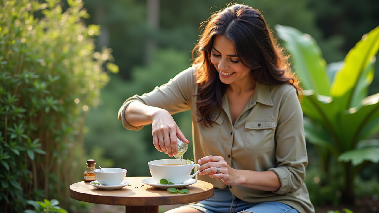 Horsetail tea being prepared, Brazilian woman in her 40s in a garden setting, natural light, 8K Chá de cavalinha sendo preparado.