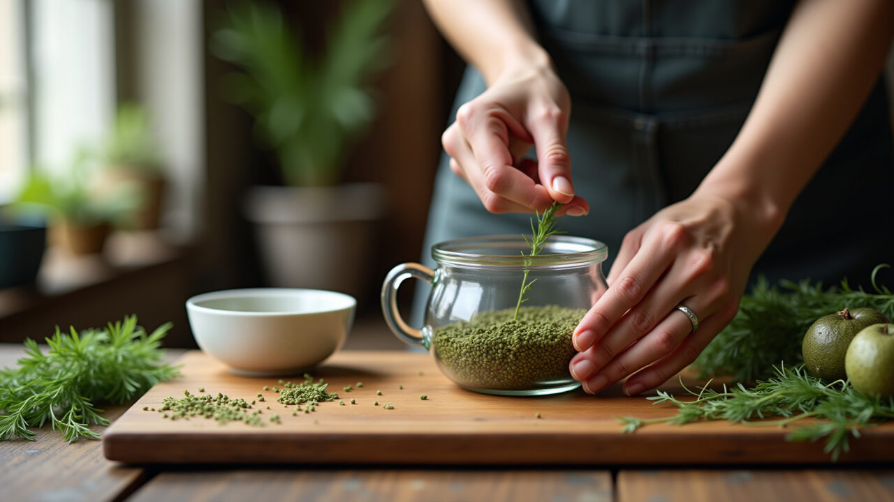 Horsetail tea preparation, rustic setting, natural light, focus on ingredients, professional Preparação de chá de cavalinha em ambiente rústico.
