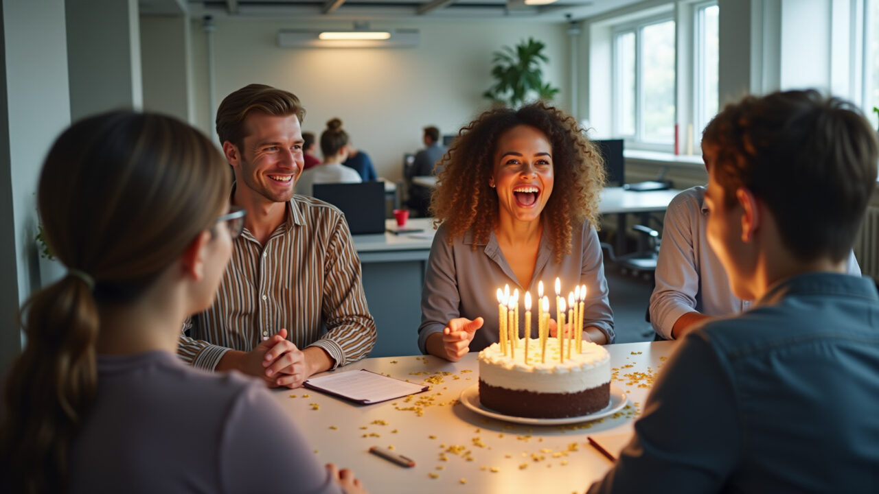 Hyper-realistic, 8K quality, office scene, diverse coworkers celebrating birthday, cake on desk, Colegas de trabalho festejando aniversário com bolo e alegria.