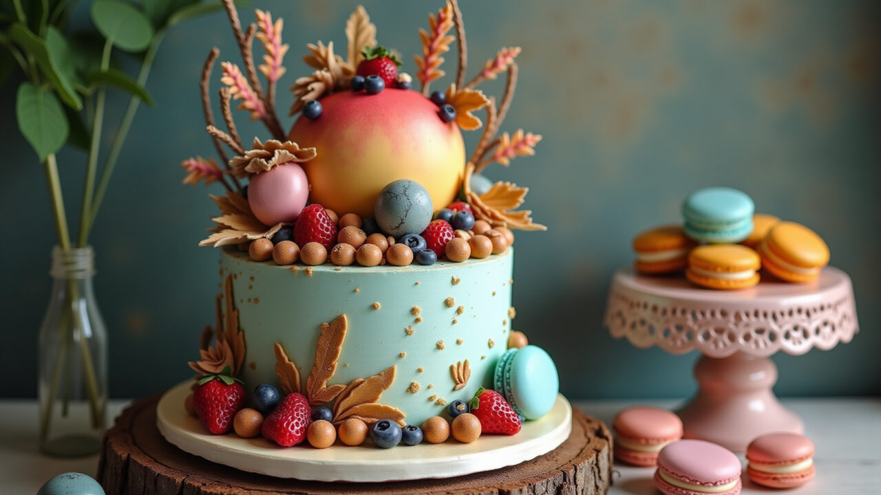 Hyper-realistic Alice in Wonderland cake with edible decorations, cookies, macarons, fresh fruits, Bolo Alice no País das Maravilhas com decoração comestível.