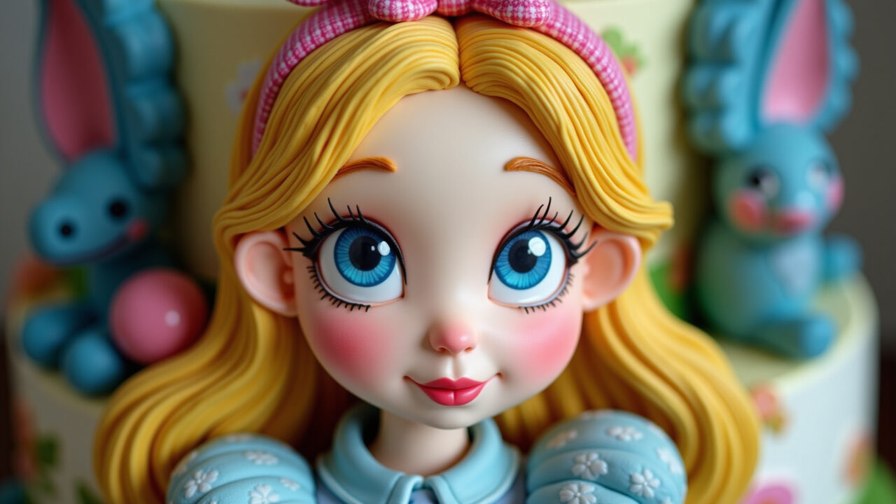 Hyper-realistic Alice in Wonderland cake with fondant, 3D characters, intricate details, and Bolo Alice no País das Maravilhas com pasta americana e personagens 3D.