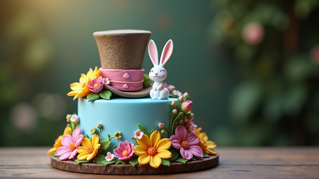 Hyper-realistic Alice in Wonderland themed cake with Mad Hatter's hat, white rabbit figurine, and Bolo Alice no País das Maravilhas com Chapeleiro Maluco e Coelho Branco.