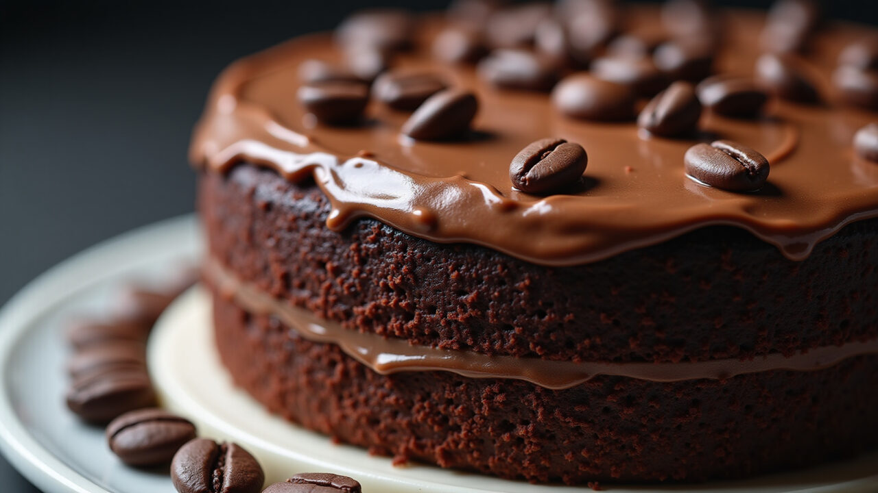 Hyper-realistic chocolate cake with rich ganache frosting, coffee beans detail, professional Bolo de chocolate decorado com ganache e grãos de café.