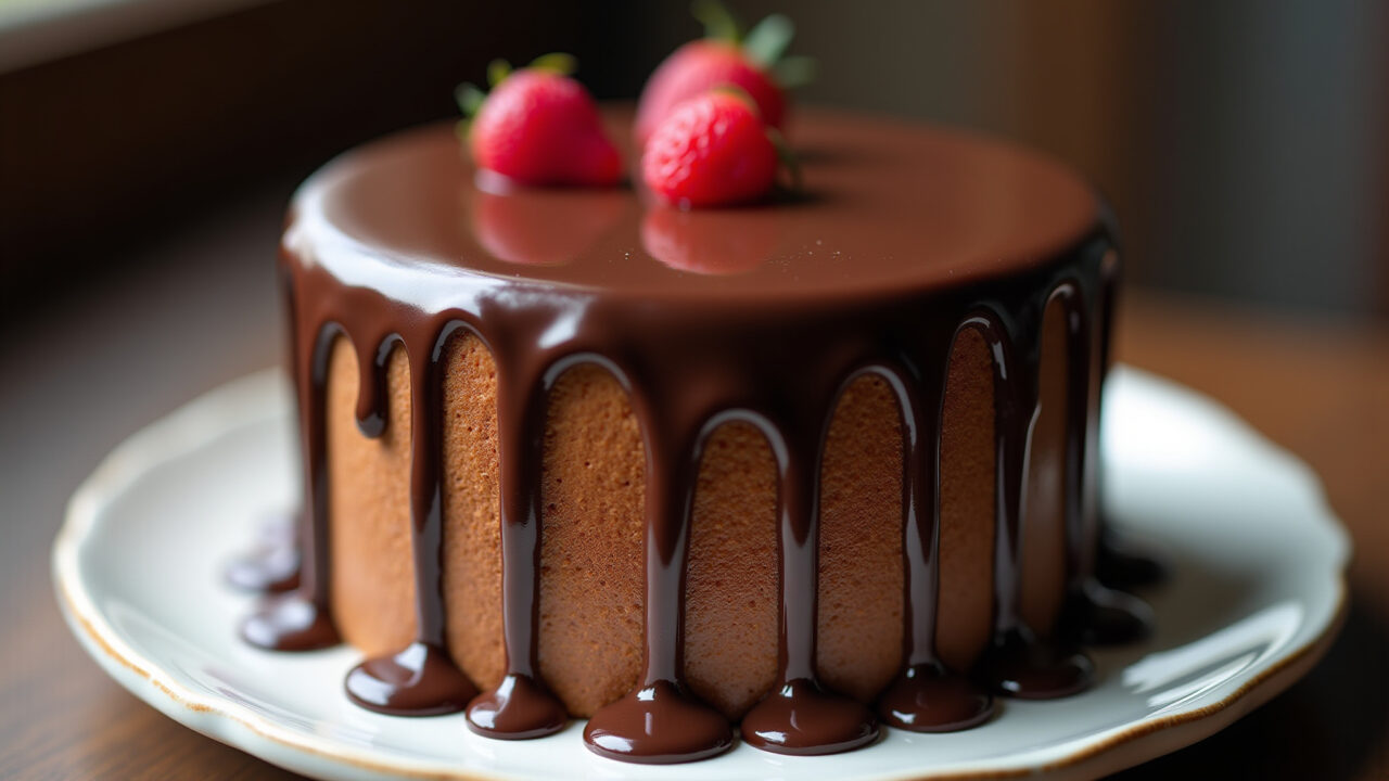 Hyper-realistic ganache-covered cake, chocolate dripping, professional photography, 8K, sharp Bolo com cobertura de ganache de chocolate.