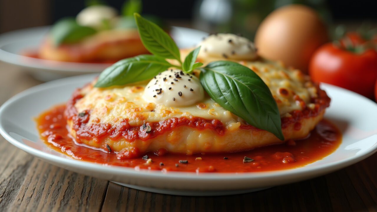 Hyper-realistic photo of chicken parmigiana, Brazilian style, 8K quality, sharp focus, natural Peito de frango à parmegiana.