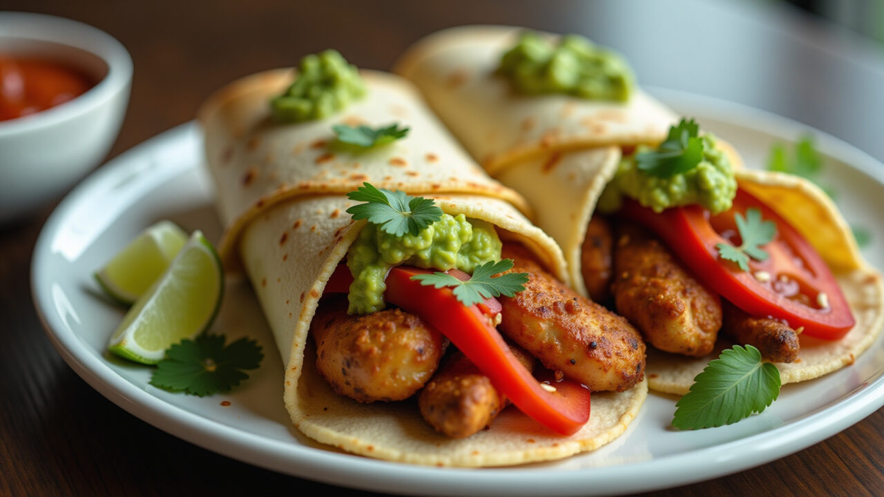Hyper-realistic photo of chicken wraps with guacamole, fresh vegetables, Brazilian style, 8K Wraps de peito de frango com guacamole.
