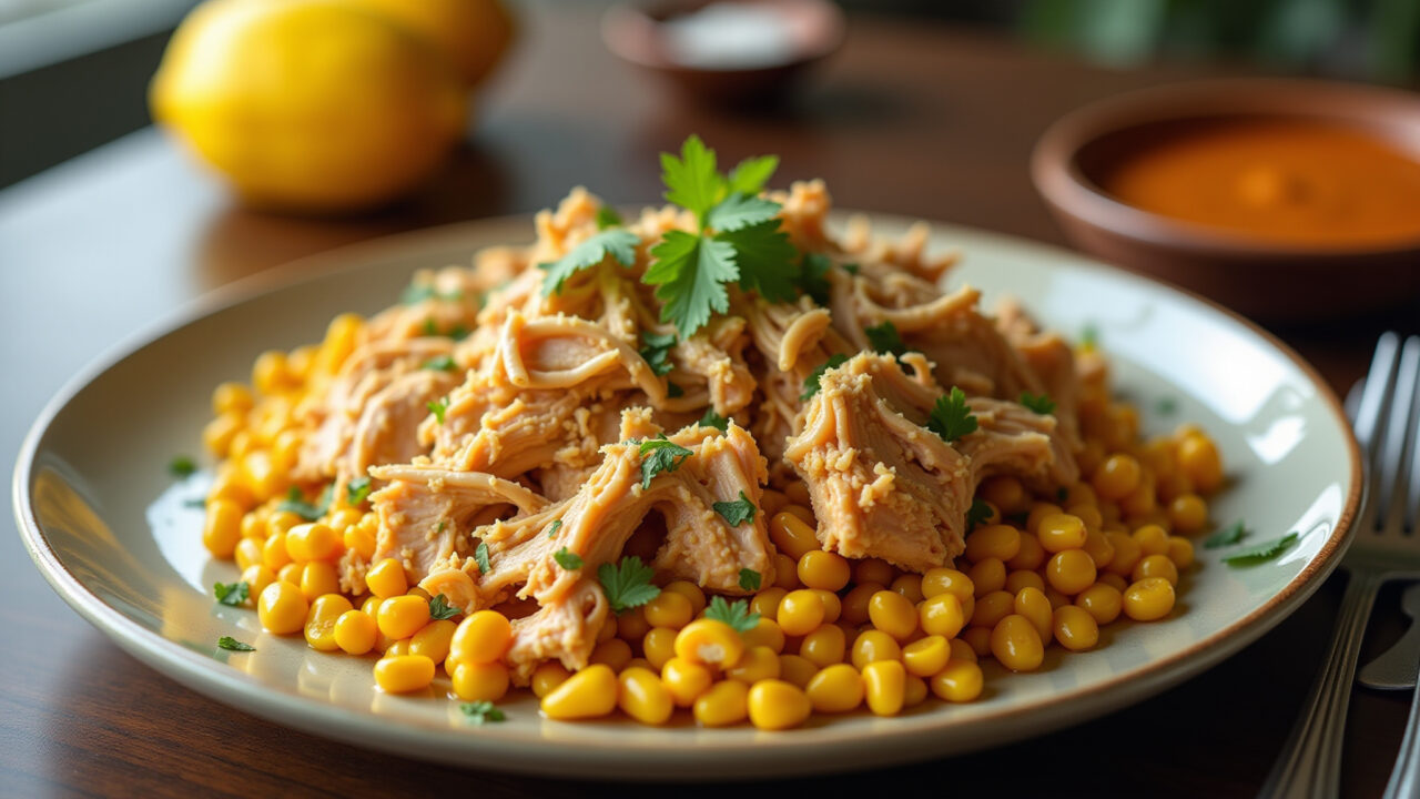 Hyper-realistic photo of shredded chicken with creamy corn, Brazilian cuisine, 8K quality, sharp Peito de frango desfiado com creme de milho.