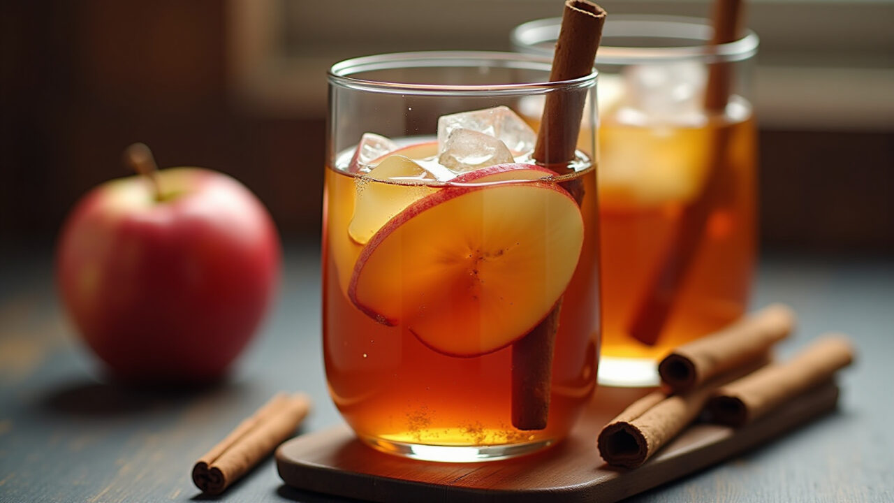 Iced apple cinnamon tea, cozy, glass with apple slices, cinnamon stick, warm drink, professional Chá gelado de maçã com canela caseiro.