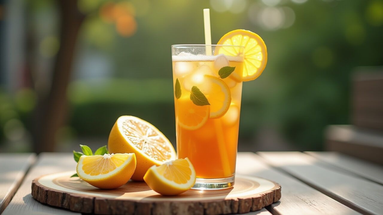 Iced chamomile tea with lemon and orange slices, refreshing drink, summer vibe, outdoor setting, Chá de camomila gelado.