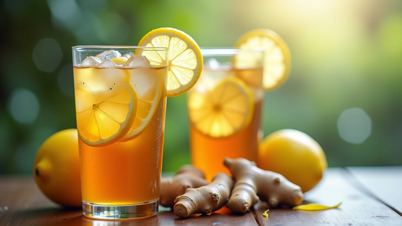 Iced ginger lemon tea, refreshing, glass with ginger slices, lemon zest, natural light, Chá gelado de gengibre e limão caseiro.