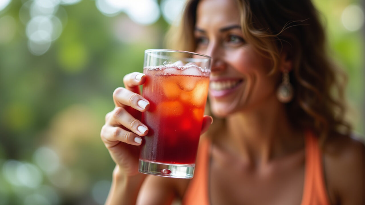 Iced hibiscus tea in a glass, refreshing summer scene, Brazilian woman in her 40s enjoying it Copo gelado de chá de hibisco.