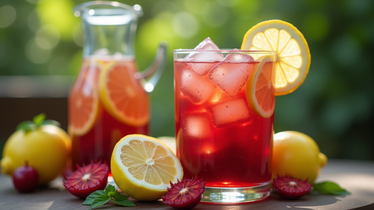 Iced hibiscus tea in a glass with lemon slices, vibrant colors, Brazilian summer scene, Chá de hibisco gelado com limão para acelerar o metabolismo.
