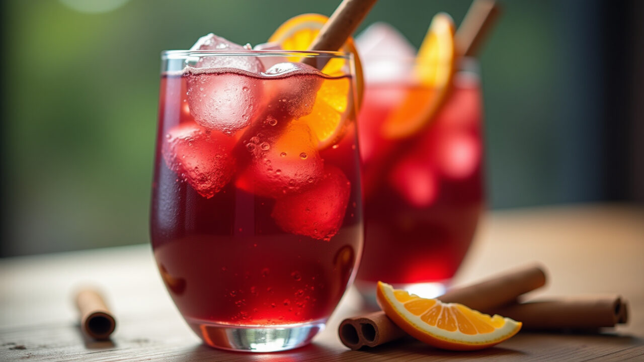 Iced hibiscus tea, vibrant red color, glass with orange slices, cinnamon stick, bright light, Chá gelado de hibisco caseiro.