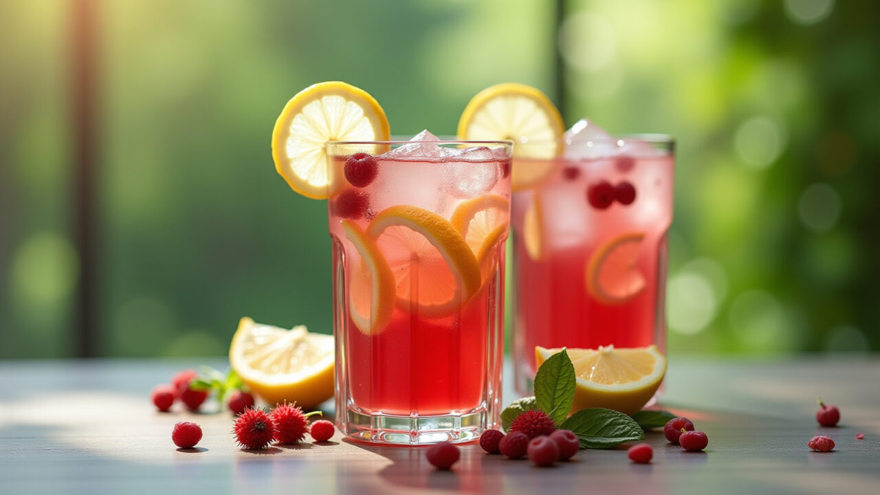 Iced horsetail and hibiscus tea in a glass with lemon slices, refreshing summer drink, natural Chá de cavalinha com hibisco gelado.