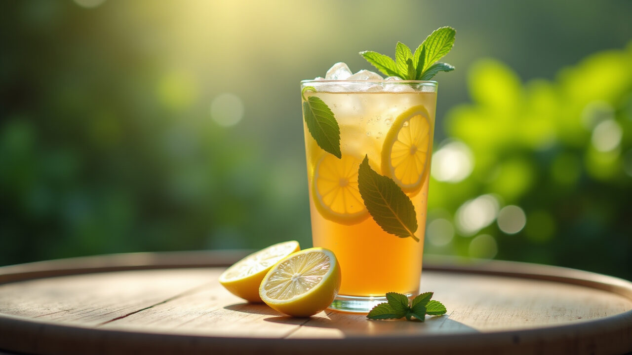Iced lemon leaf tea, Brazilian summer day, refreshing drink, lemon slices, mint, outdoor setting, Chá de folha de limão gelado