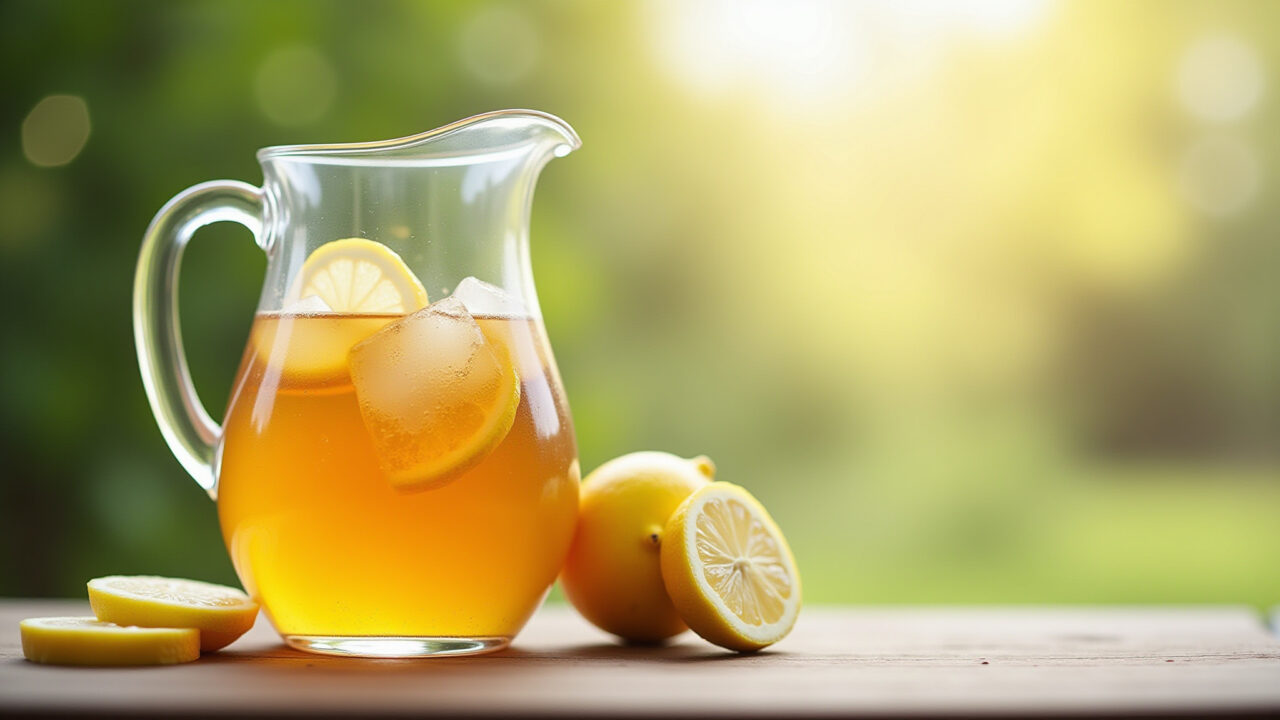 Iced lemon tea, refreshing drink, sunny day, glass pitcher, lemon slices, natural light, Chá gelado de limão caseiro refrescante.
